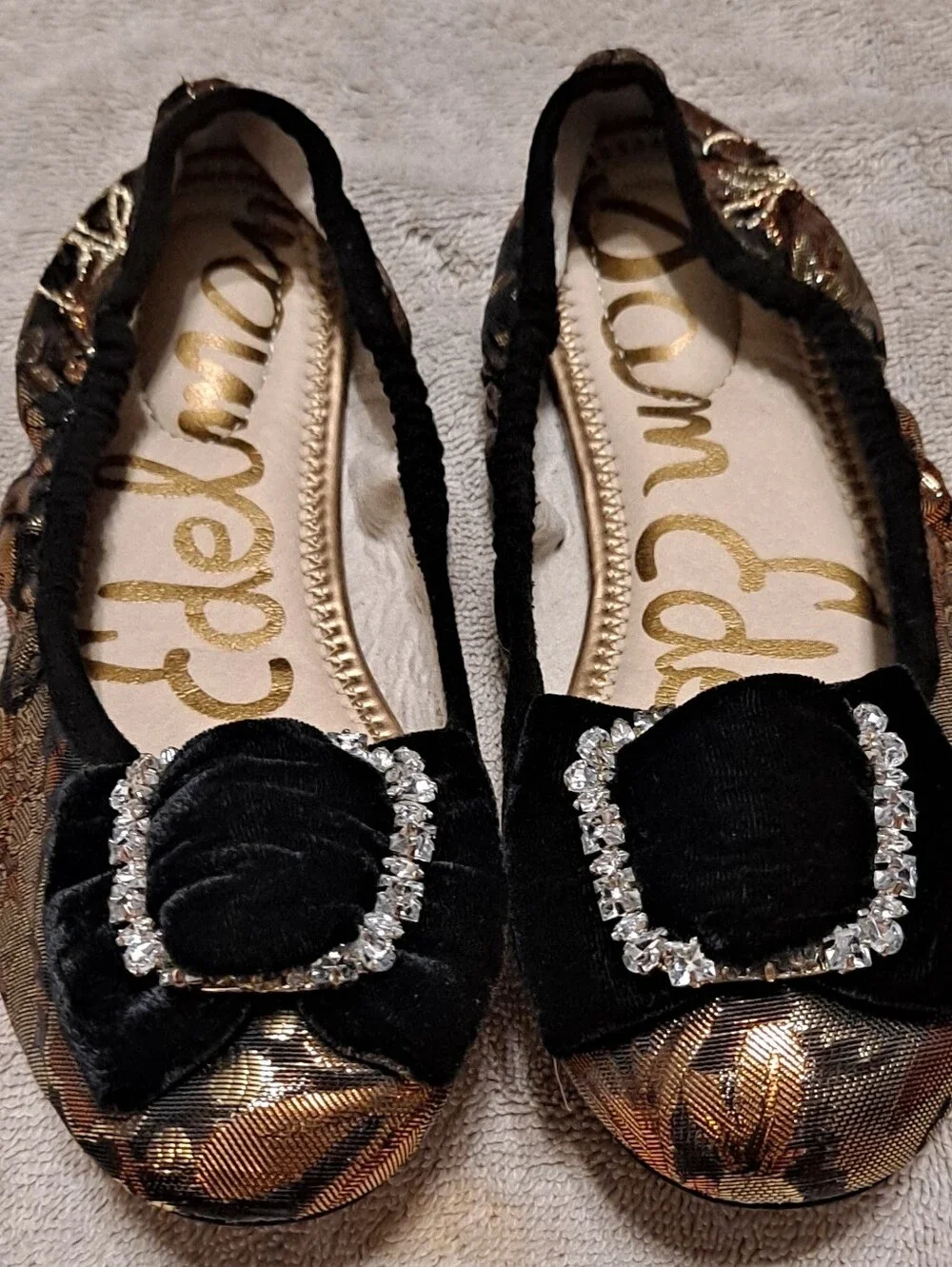 Sam Edelman Black Velvet and Gold Pattern Ballet Flats with Rhinestone Buckle 4